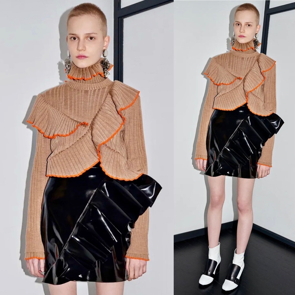 MSGM Ruffle Contrast Trim Ribbed Crewneck Sweater in Beige